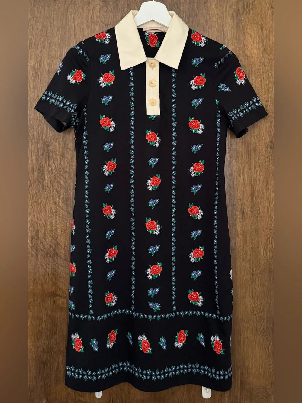 Tory Burch Black Floral Polo lined Dress with Cream Collar, size XS luxury boho